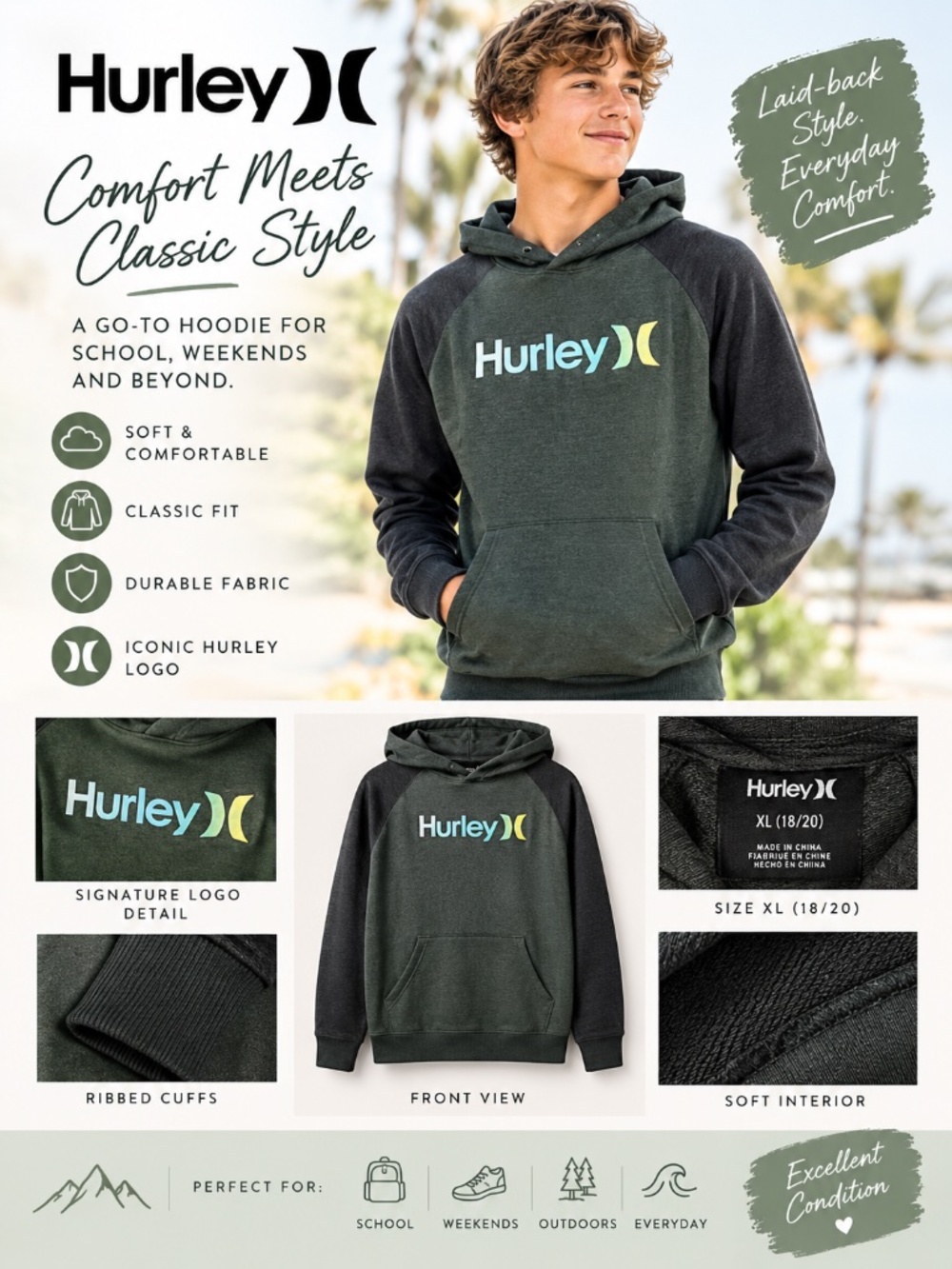 Hurley Boys XL 18/20 Pullover Hoodie Green Black Logo Sweatshirt